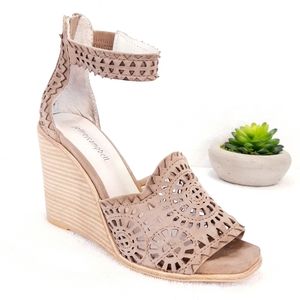 JEFFREY CAMPBELL LASER CUT SUEDE WEDGE SANDALS